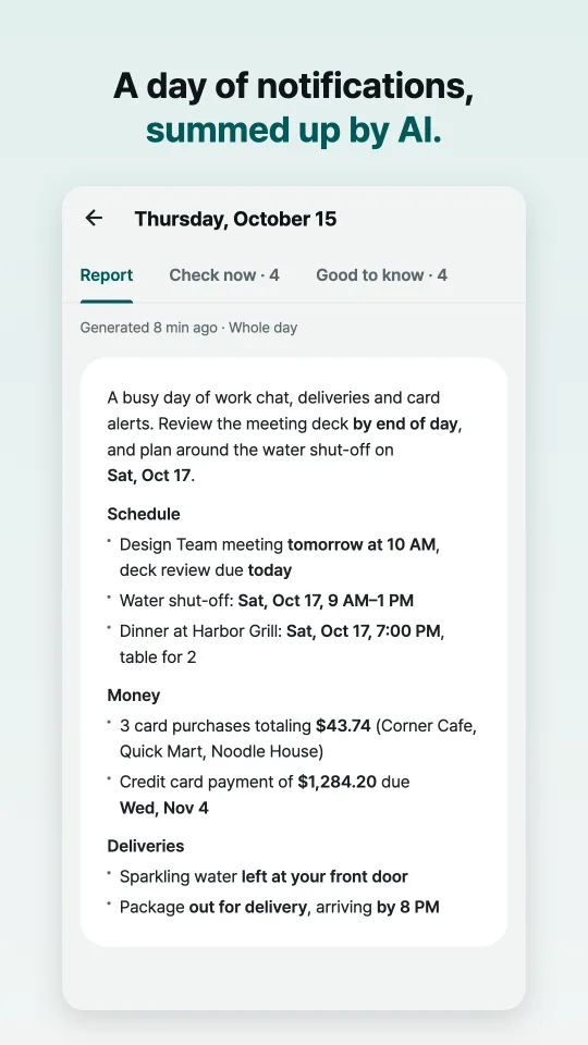 An AI briefing that summarizes a day of notifications