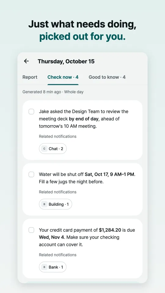 The Check now list, with each item linked to its notifications